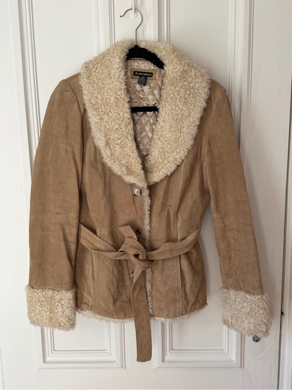 Women’s Atmosphere Y2K Tan Suede Belted Jacket Faux Shearling Size Medium